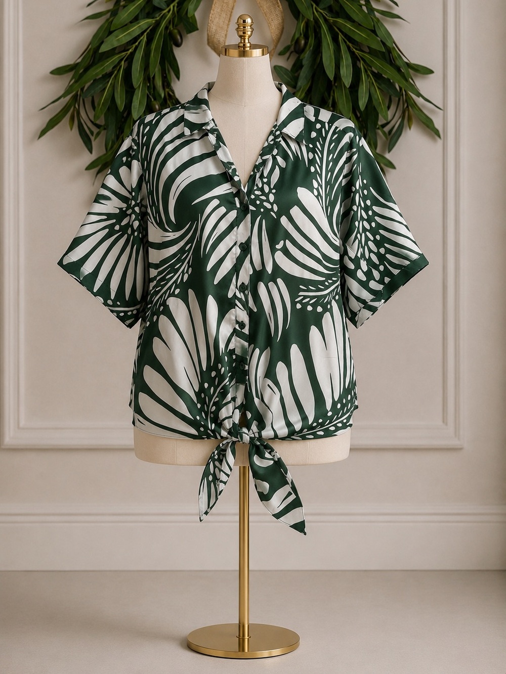 Chico’s Green White Leaf Print Satin Tie Front Blouse Medium Size 1